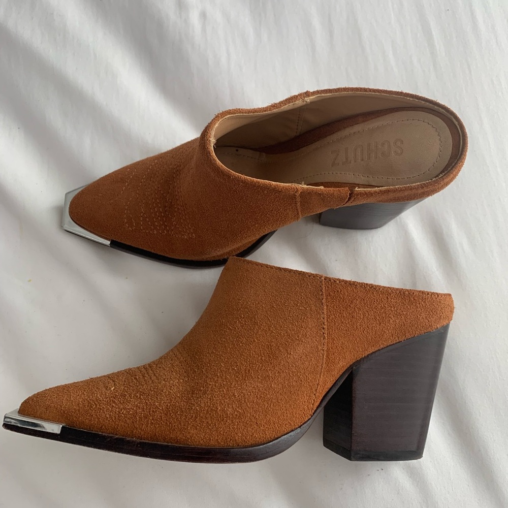 SCHUTZ Women's Brown Suede Mules with Silver Accents